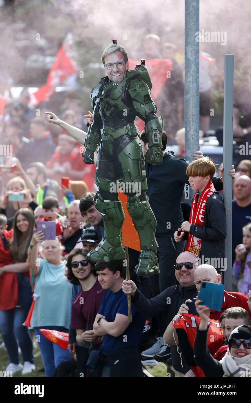 Liverpool, UK. 29th May, 2022. A cardboard cutout of Liverpool Manager Jurgen Klopp. Liverpool Football Club victory parade in Liverpool on Sunday 29th May 2022. Liverpool FC celebrate this season's mens and women's teams achievements with an open top bus parade around Liverpool. Editorial use only. pic by Chris Stading/Andrew Orchard sports photography/Alamy Live news Credit: Andrew Orchard sports photography/Alamy Live News Stock Photo