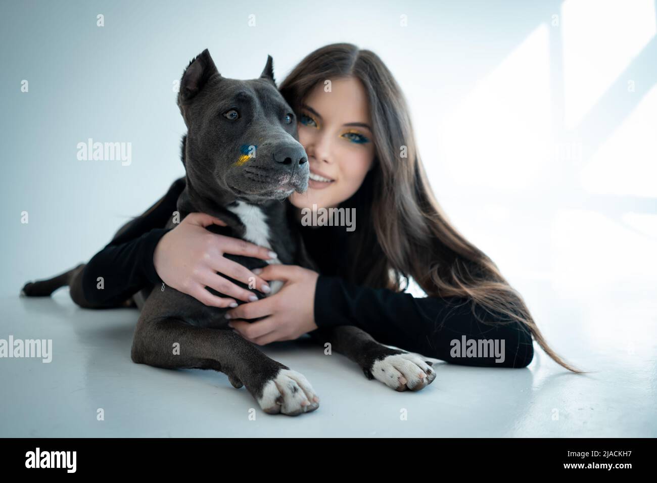 young ukrainian beautiful female play with staffordshire terrier dog at hoe Stock Photo