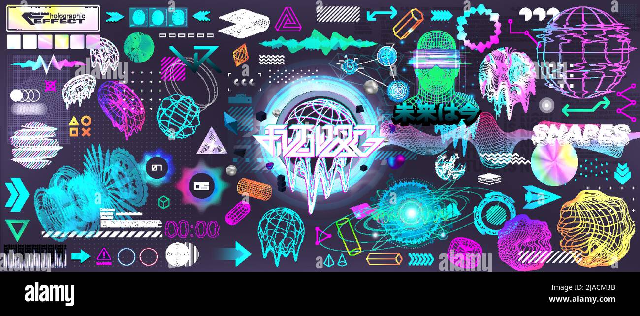Retrofuturistic 3D objects and shapes in trandy collection Stock Vector