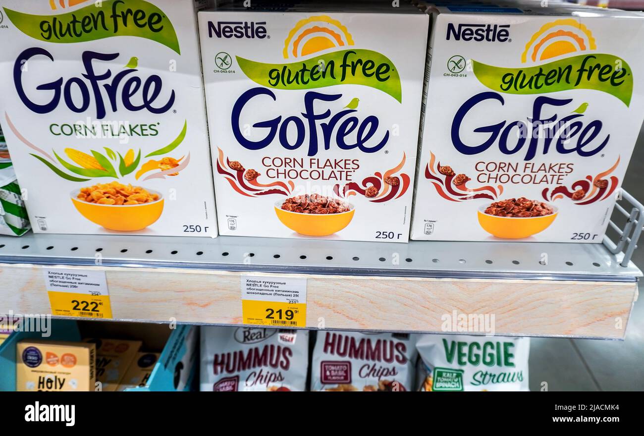 Samara, Russia March 23, 2022 Nestle corn flakes breakfast cereal