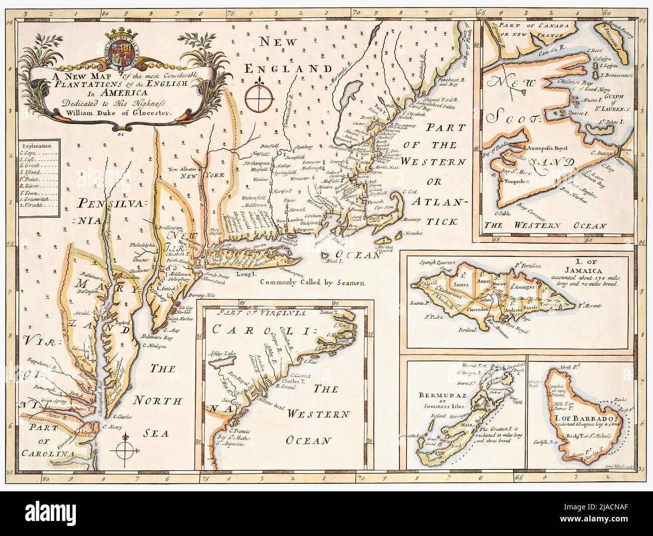 Title: A new map of the most considerable plantations of the English in America. This is a restored reproduction of an antique map that features an early depiction of the British Colonies in North America in the early 1700s. Insets show maps of Bermuda, Barbados, the Carolinas, Jamaica, and Nova Scotia. Stock Photo