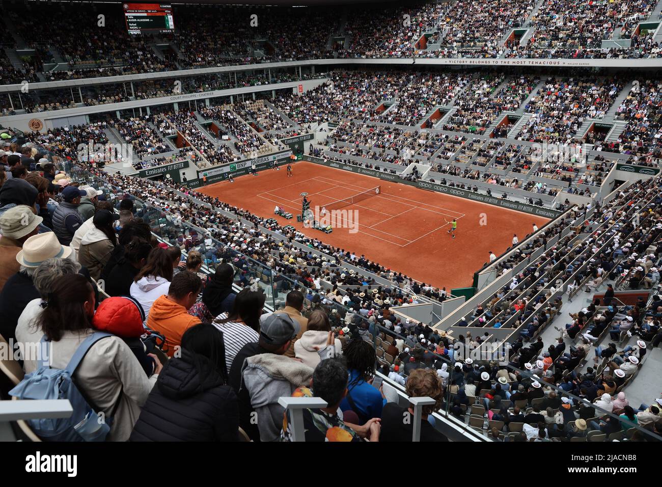 Paris, France. 29th May, 2022. Visitors crowd the central court at Roland Garros during the French Tennis Open match between Spanish Rafael Nadal and Canadian Felix Auger-Aliassime, near Paris, France, on Sunday May 29, 2022. Photo by Maya Vidon-White/UPI Credit: UPI/Alamy Live News Stock Photo