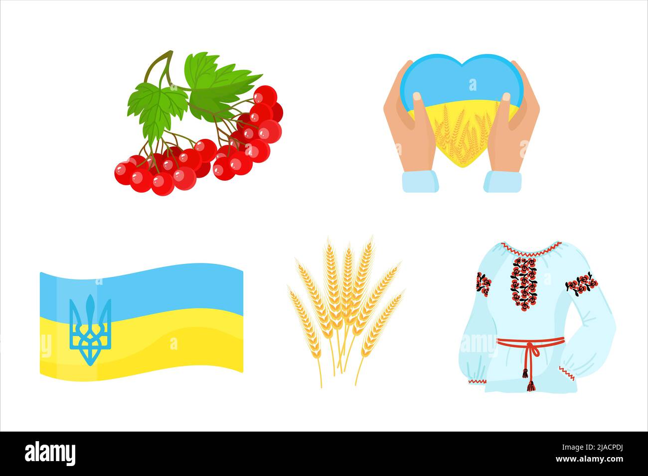 Set Ukrainian symbols. Vyshyvanka, viburnum, arms with heart, national flag of Ukraine, ears of wheat. Vector. Stock Vector