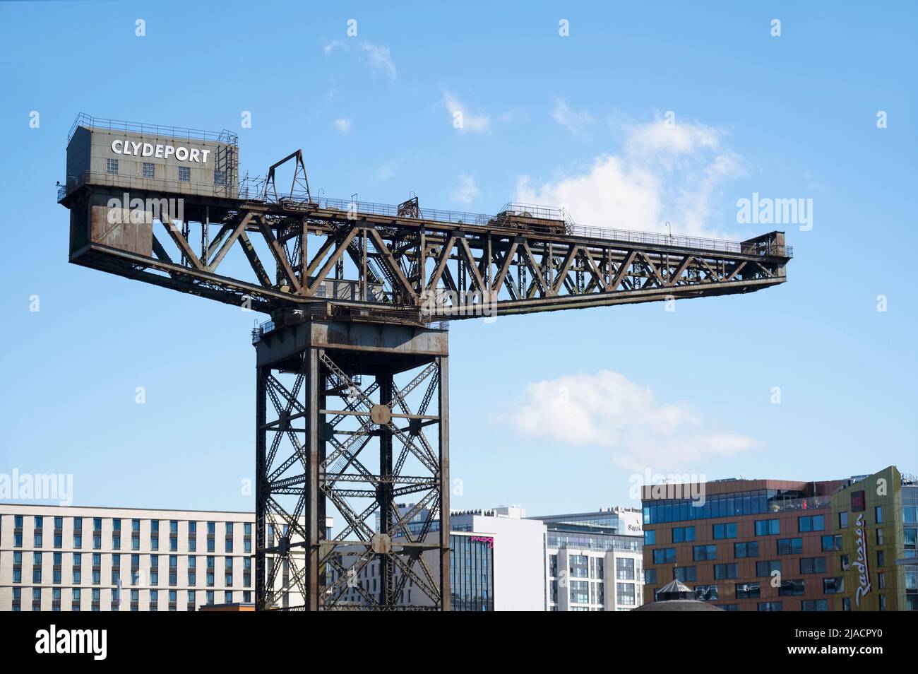 Glasgow, Scotland, UK, April 24th 2022, Clydeport Crane next to the Hydro Area and Armadillo building Stock Photo