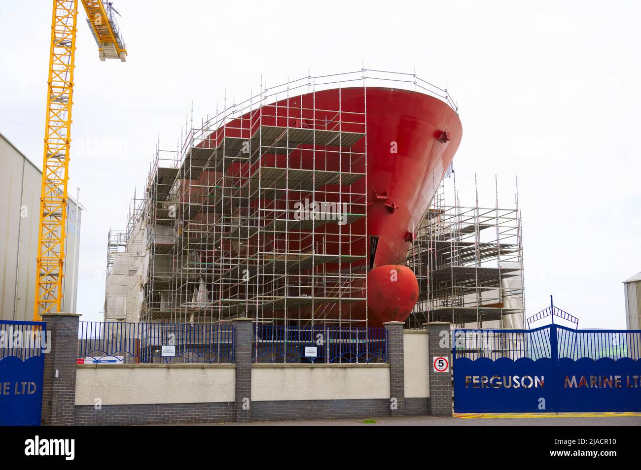 Port Glasgow, Scotland, UK, May 8th 2022, Ferguson Marine shipyard and the progress of new Calmac ferry named Glen Sannox Stock Photo