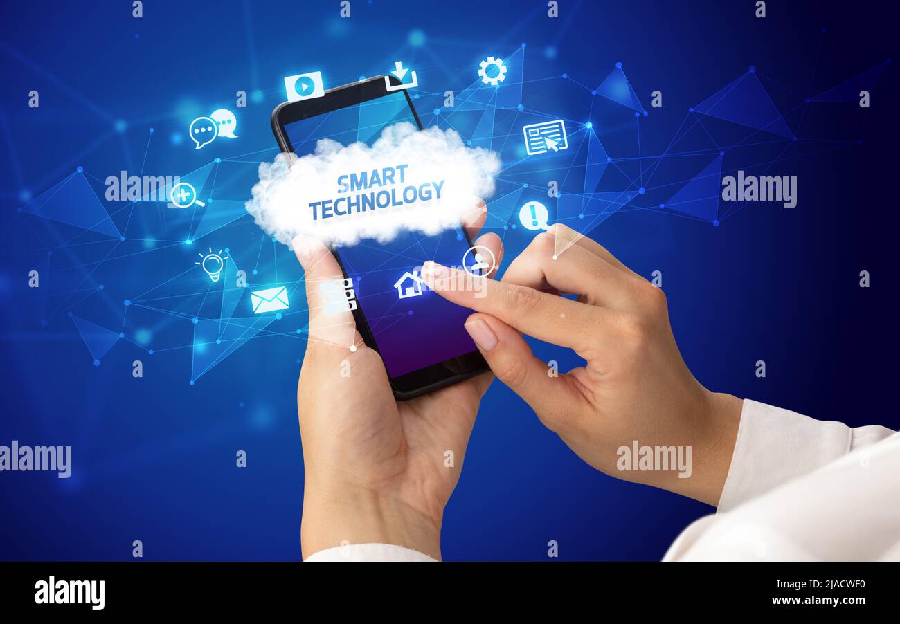 Hand using smartphone with cloud technology concept Stock Photo - Alamy