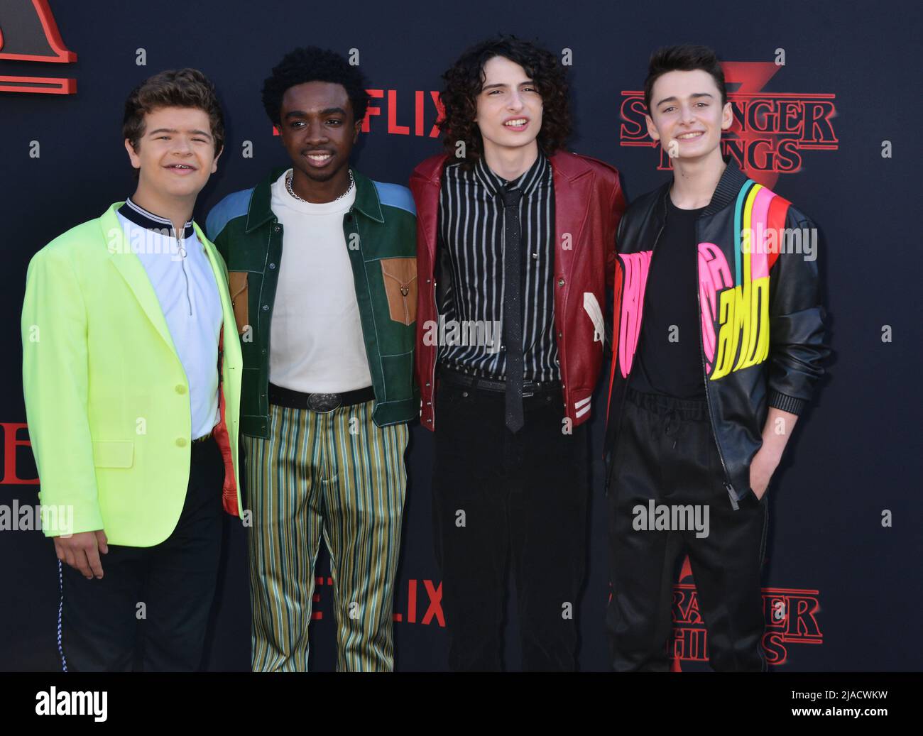 Gaten Matarazzo, Caleb McLaughlin, Finn Wolfhard, Noah Schnapp 036 attend the premiere of Netflix's 'Stranger Things' Season 3 on June 28, 2019 in Santa Monica, California. Stock Photo