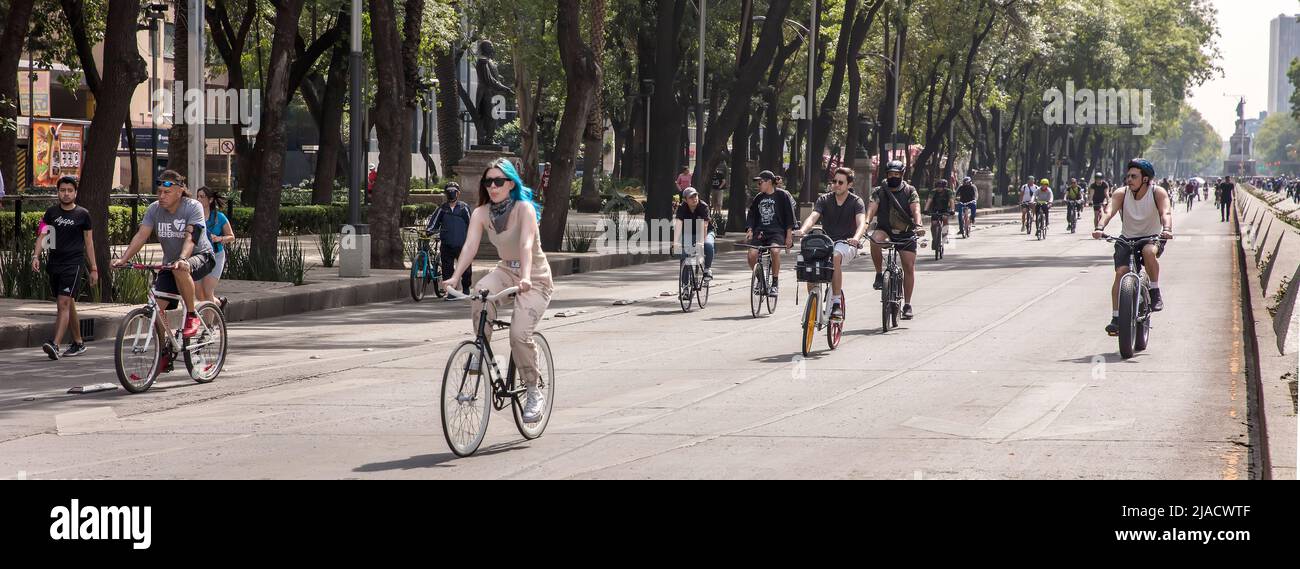 Cyclists on Mexico City's Avenida Paseo de la Reforma avenue when it is closed to motor traffic on Sunday afternoons Stock Photo