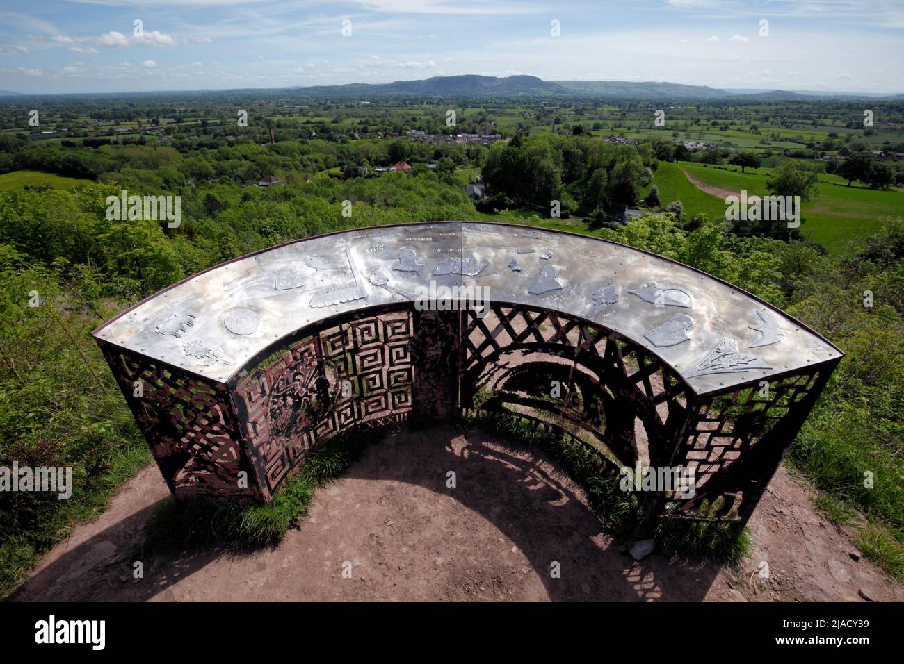 Llanymynech Rocks viewpoint sculpture and information stand. Shropshire, UK, GB. Stock Photo