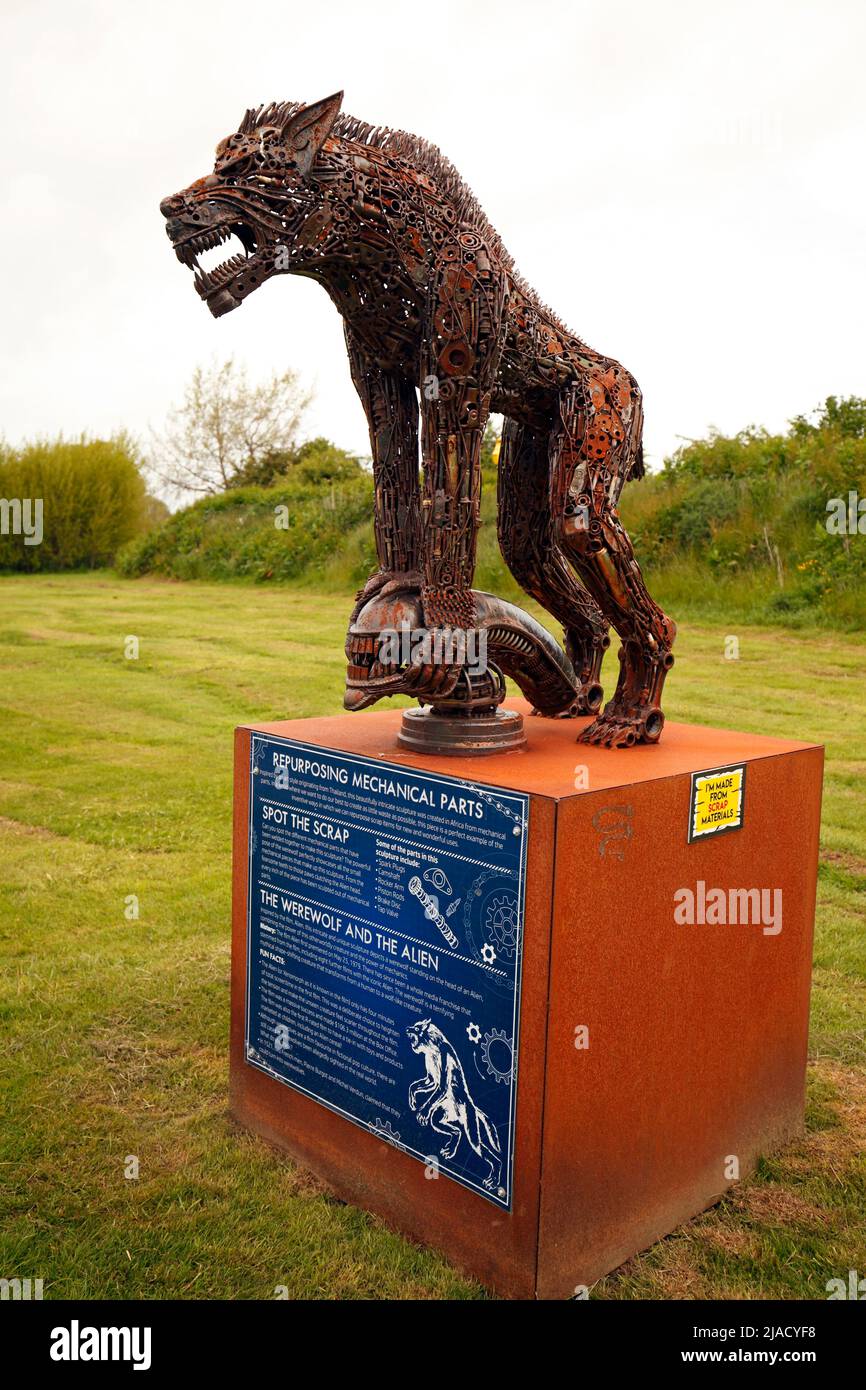 repurposed scrap metal into a sculpture of a Hyena. Stock Photo