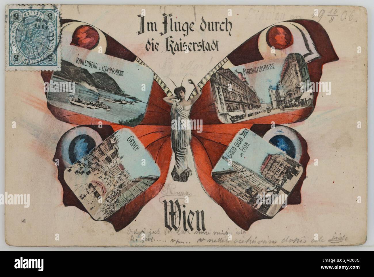 In the flight through the imperial city of Vienna .. Postcard: woman with butterfly wings, views of Kahlenberg and Leopoldsberg, Mariahilferstraße, Graben and Graben against stick in the iron. E. B. W. I., Producer, Lederer & Popper, Producer Stock Photo