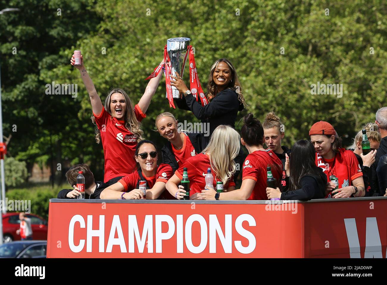 Liverpool, UK. 29th May, 2022. Liverpool FC Women on their team bus. Liverpool  Football Club victory parade in Liverpool on Sunday 29th May 2022. Liverpool  FC celebrate this season's mens and women's