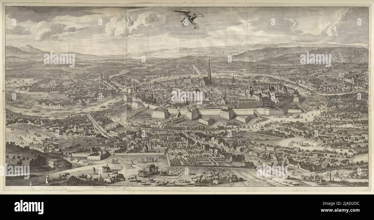 Writing strips: '(...) demolition of the Kayserl.residenz City of Wienn, as is the same before the siege of a part of your (...)'. Bird show of the city of Vienna from West (2nd state). Folbert (Folpert) van Alten all (1635-1715), Peinstre, Joseph Mulder (1658-1742), Copper Engraver Stock Photo