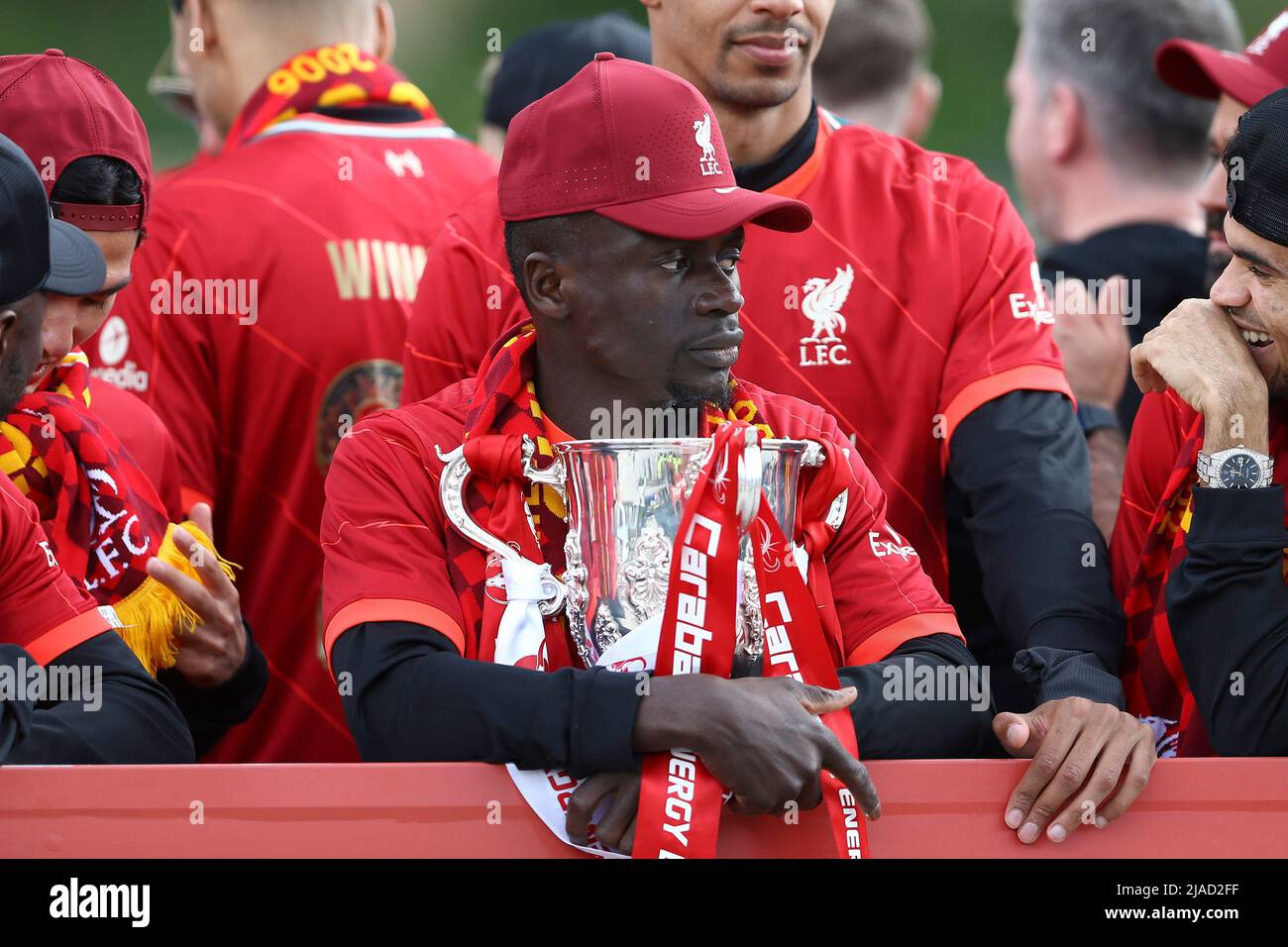Liverpool, UK. 29th May, 2022. Sadio Mane of Liverpool with the Carabao Cup. Liverpool Football Club victory parade in Liverpool on Sunday 29th May 2022. Liverpool FC celebrate this season's mens and women's teams achievements with an open top bus parade around Liverpool. Editorial use only. pic by Chris Stading/Andrew Orchard sports photography/Alamy Live news Credit: Andrew Orchard sports photography/Alamy Live News Stock Photo