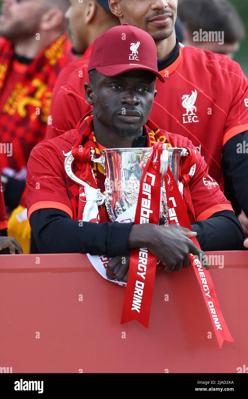 Liverpool, UK. 29th May, 2022. Sadio Mane of Liverpool with the Carabao Cup. Liverpool Football Club victory parade in Liverpool on Sunday 29th May 2022. Liverpool FC celebrate this season's mens and women's teams achievements with an open top bus parade around Liverpool. Editorial use only. pic by Chris Stading/Andrew Orchard sports photography/Alamy Live news Credit: Andrew Orchard sports photography/Alamy Live News Stock Photo
