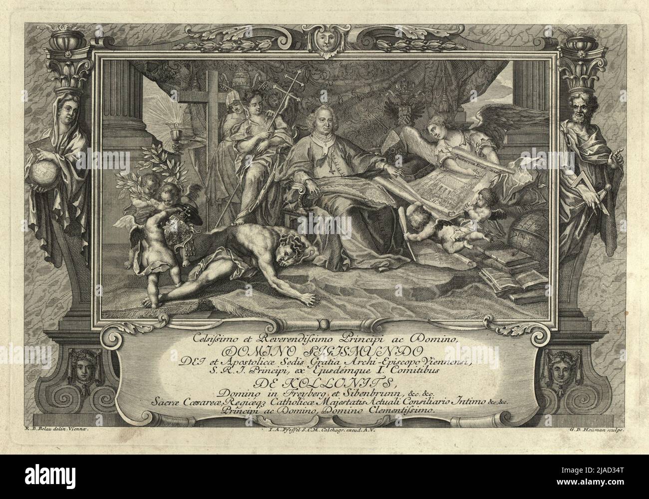 True and accurate illustration (...), part 1, title page, Archbishop Kolonis. After: R.B. Belau, Drawer, Johann Andreas d. Ä. Pfeffel (1674-1748), publisher, Georg Daniel Heumann (1691-1750), Copper Engraver Stock Photo