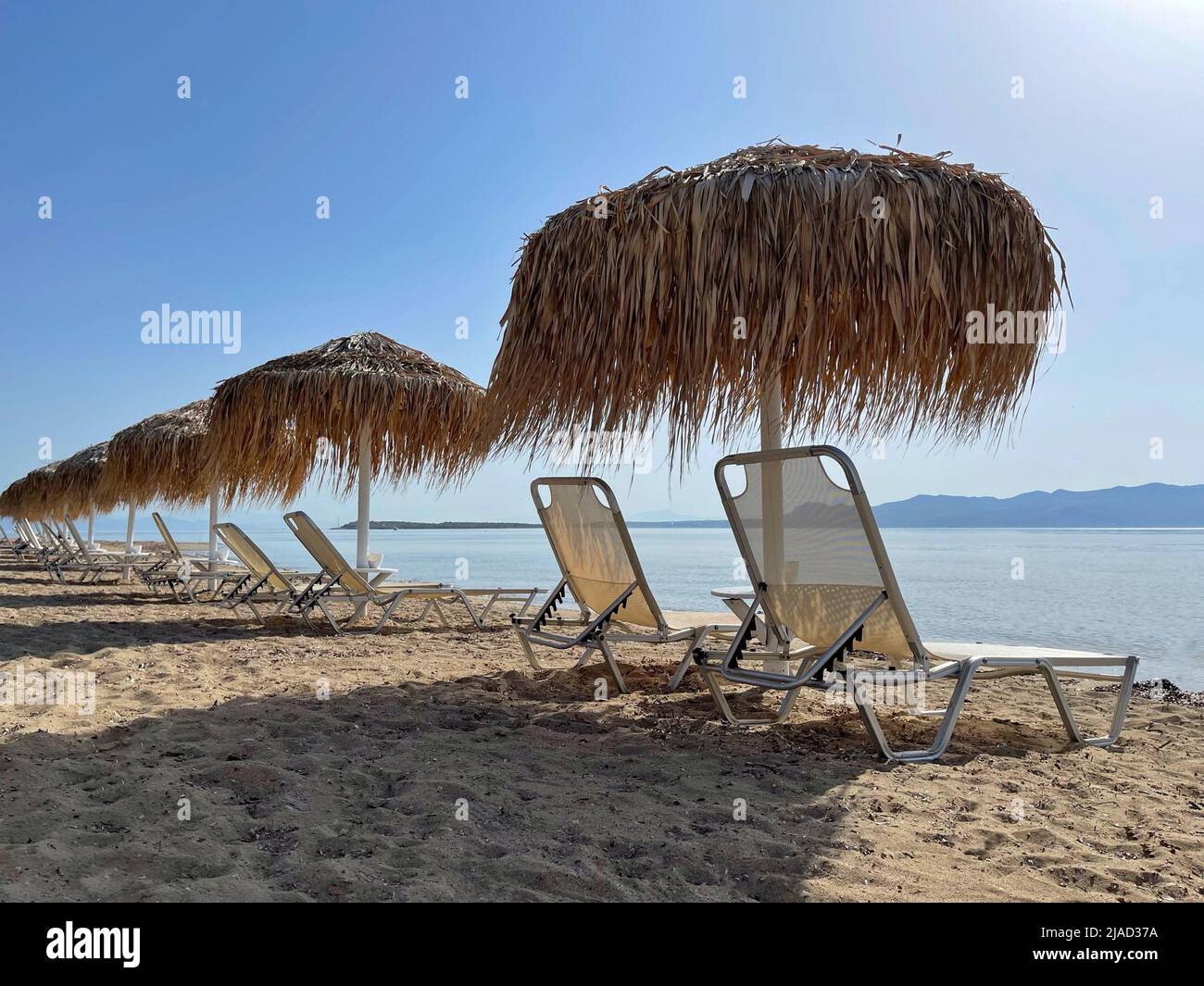 Row of sun loungers on Aquarius Beach, Skala, Agistri, Attica, Greece Stock Photo