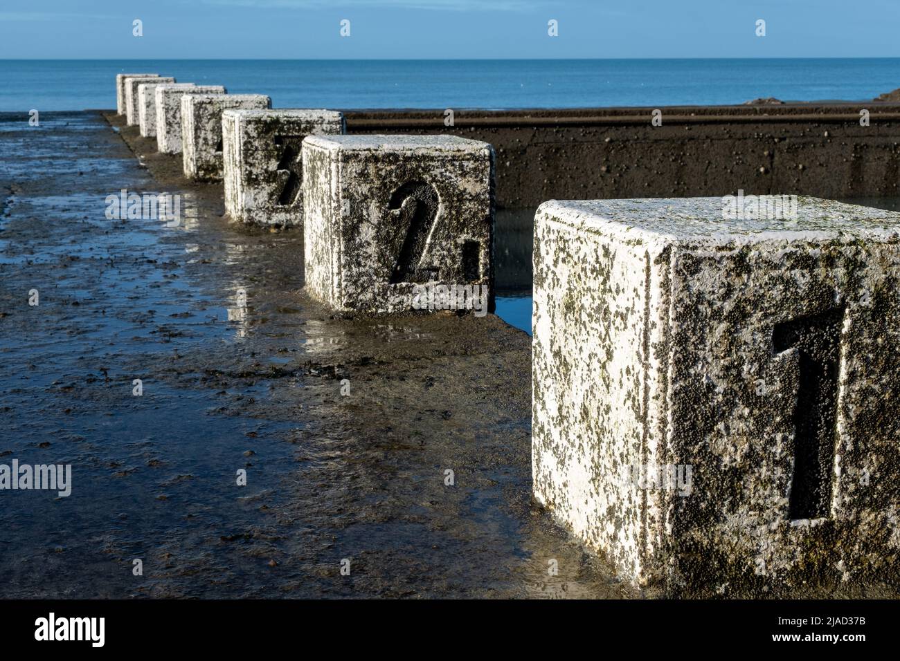 Close-up of a public swimming pool with starting blocks by the sea, France Stock Photo