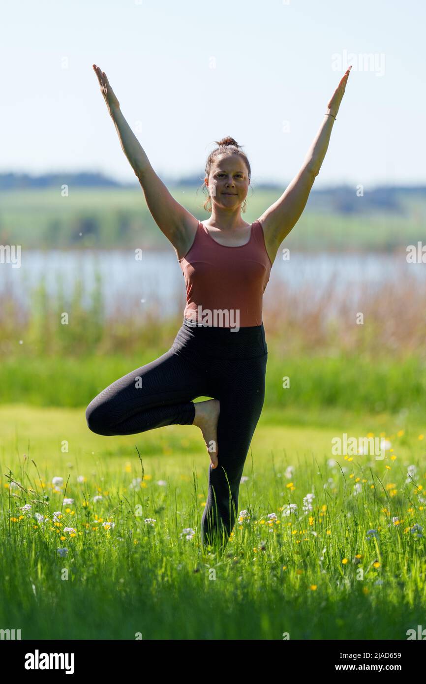 Woman doing tree pose by Wallersee, Salzburg, Austria Stock Photo - Alamy
