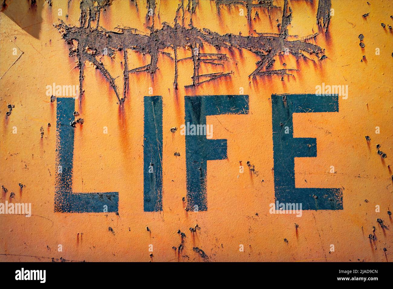 Rusty old metal box has scratches and word life on it Stock Photo Alamy