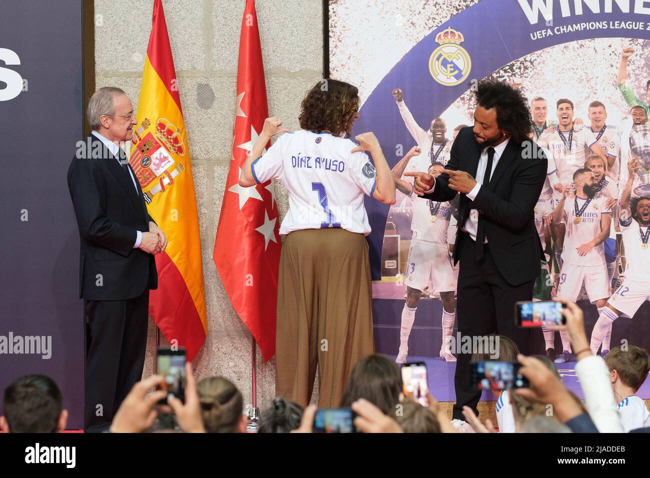 Madrid, Spain. 29th May, 2022. (L-R) Florentino Pérez, Isabel Diaz Ayuso and Marcelo Vieira at the reception of the Community of Madrid to Real Madrid as winners of the 14th UEFA Champions League against Liverpool FC at Casa de Correos building. Credit: SOPA Images Limited/Alamy Live News Stock Photo