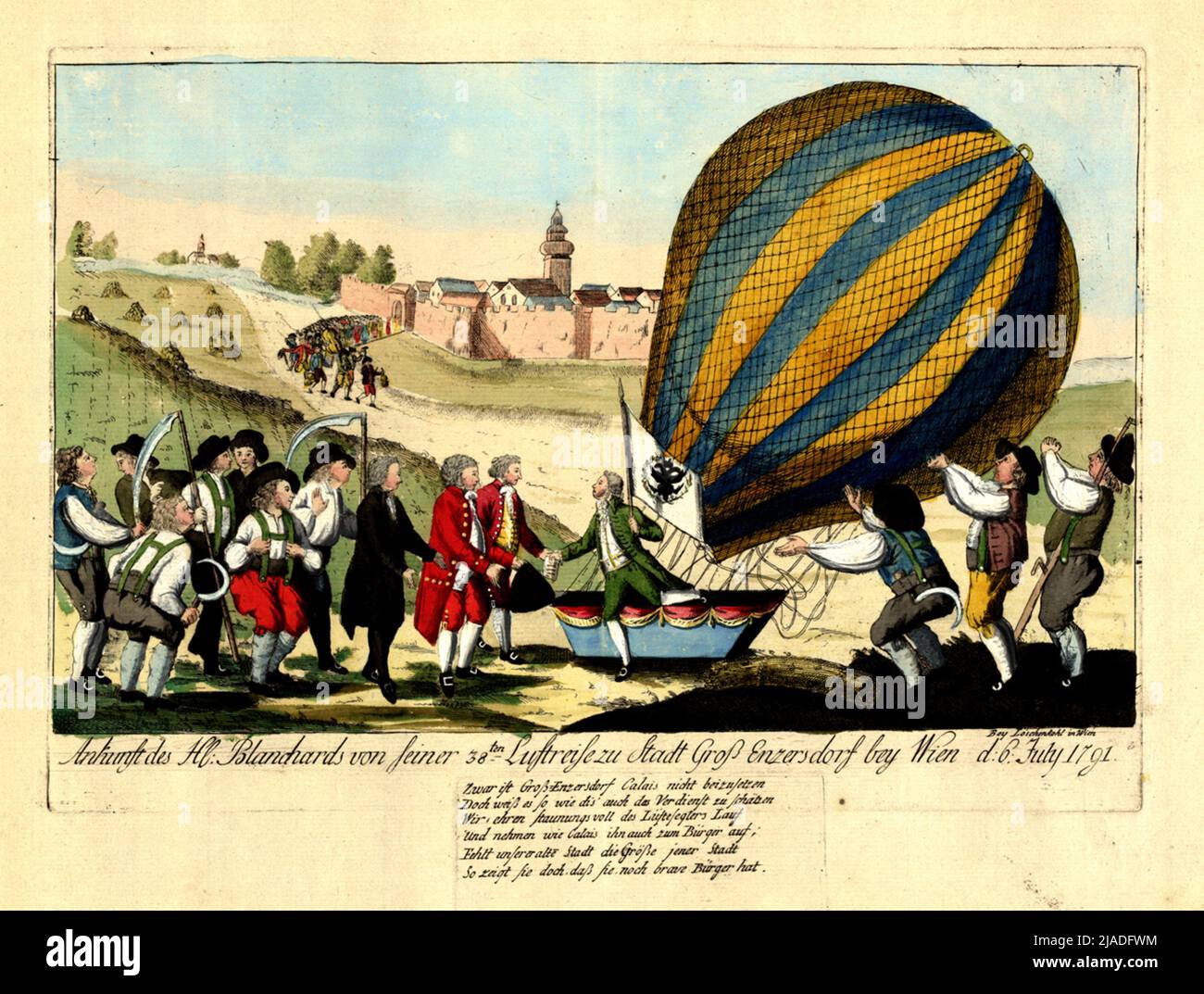 Arrival of the Holy Blanchard from his 38th air trip to the city of Groß Enzersdorf Bey Vienna D. July 1791 '. Jean-Pierre Blanchards Arrival of his 38th air travel in Großenzersdorf near Vienna. Johann Hieronymus Rohenkohl (1753-1807), publishing house Stock Photo