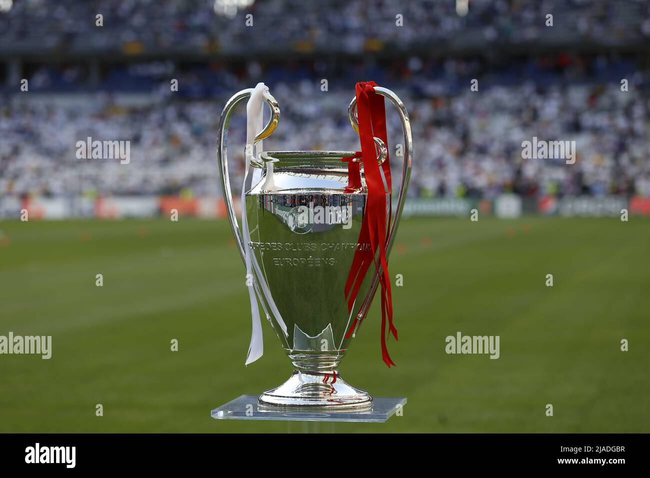 Paris, France. 28th May, 2022. The European Champion Clubs' Cup seen before  the UEFA Champions League final match between Liverpool FC and Real Madrid  at Stade de France. Final score; Real Madrid