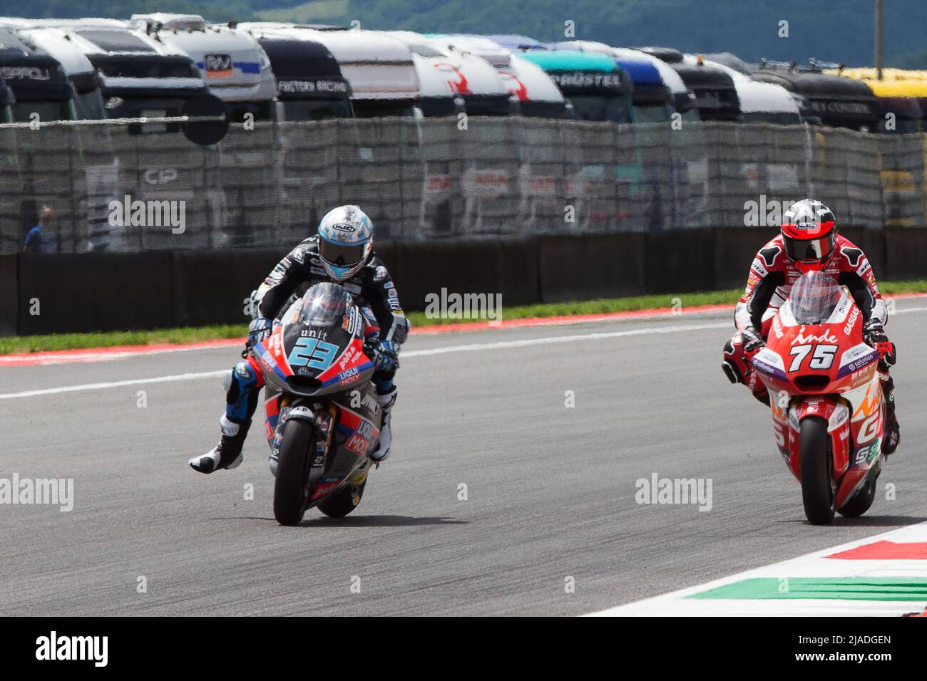 Mugello, Italy. 29th May, 2022. 23 Marcel Schrotter and 75 Albert Arenas during Gran Premio dâ&#x80;&#x99;Italia Oakley Race Moto2, Moto3, MotoGP World Championship in Mugello, Italy, May 29 2022 Credit: Independent Photo Agency/Alamy Live News Stock Photo