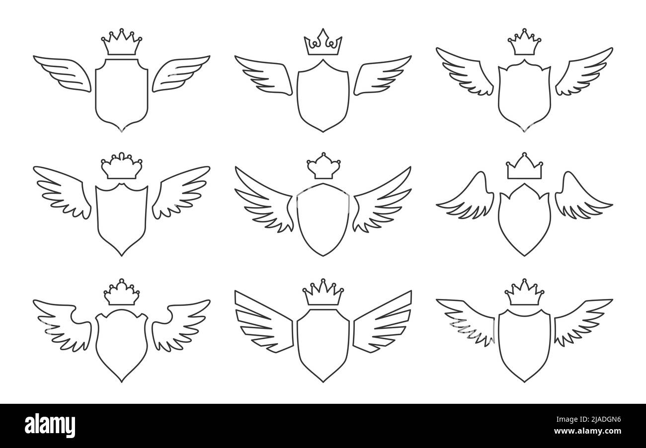 Shield wing crown heraldic emblem black line set. Elegant military emblem protection security blanck. Award high quality royal dynasty coat of arms. Heraldry retro banner medieval isolated Stock Vector