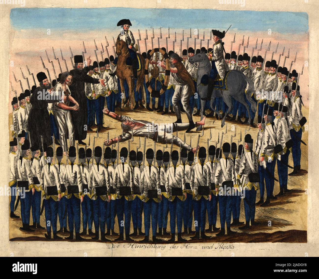 The execution of the Walachian rebel leaders Horja (Hora) and Kloska  (Gloska, Klocka) on February 28, 1785 in Karlsburg. Johann Hieronymus  Delete Kohl (1753-1807), publishing house Stock Photo - Alamy