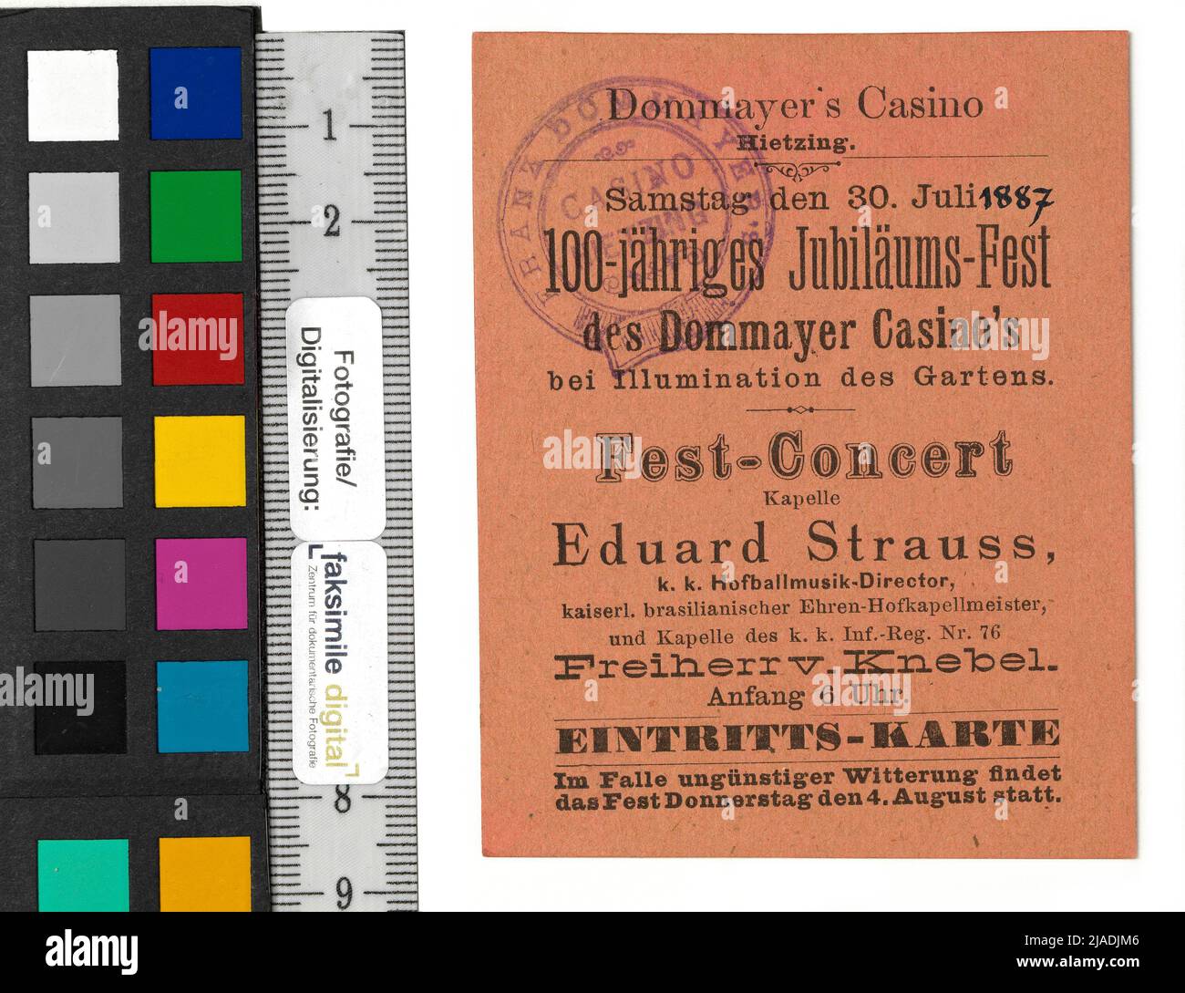 Admission ticket to the '100th anniversary festival of the Dommayer Casino's' with a concert of the Chapel of Eduard Strauss on July 30, 1887. Unknown Stock Photo