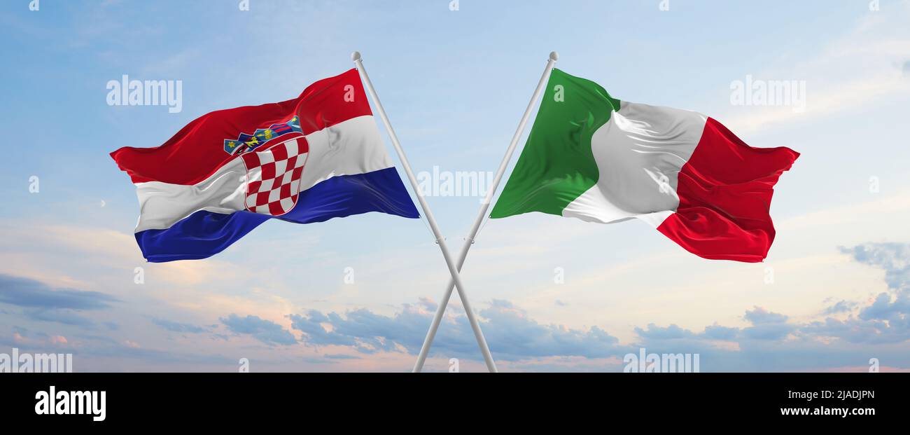 two crossed flags Croatia and Italy waving in wind at cloudy sky ...