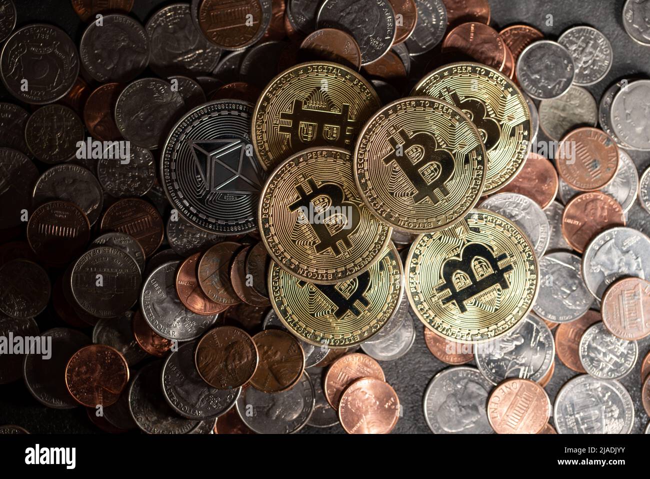 Piled up money coins, US Dollar coins, Penny, Dime and Quarter with Gold Bitcoin  coins on top. Crypto and Dollar background Stock Photo - Alamy