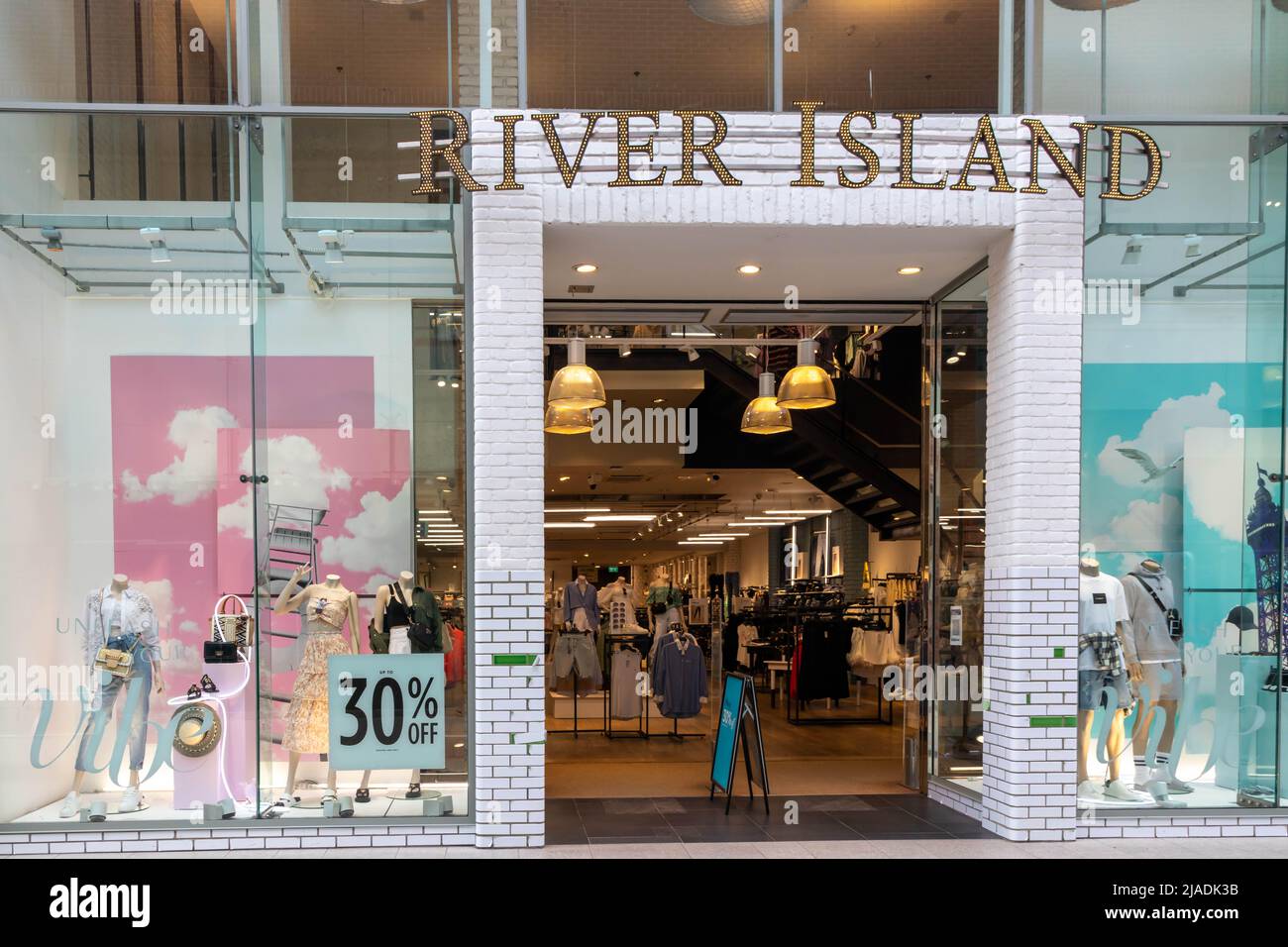 High Wycombe, England - July 21st 2021: River Island shop in the Eden shopping centre. The chain is privately owned by the Lewis family. Stock Photo
