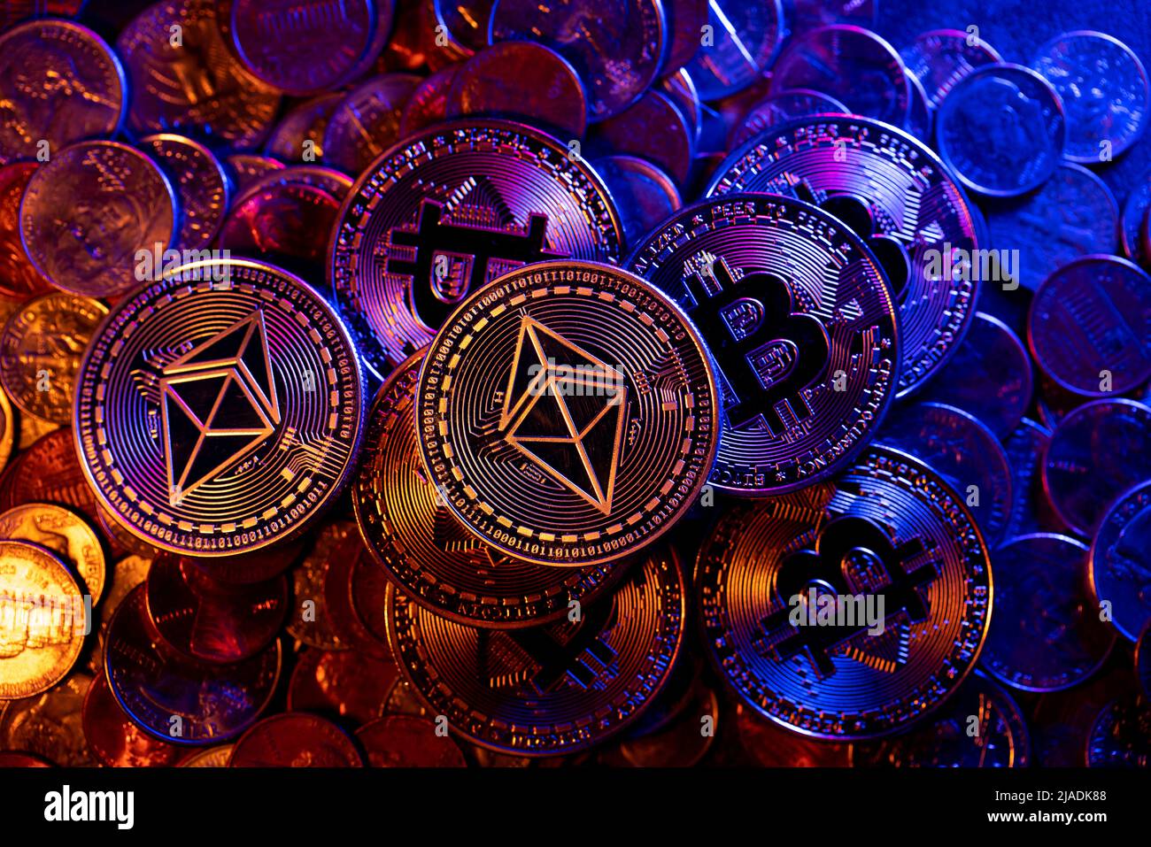 Bitcoin coins rotating on pile hi-res stock photography and images - Alamy