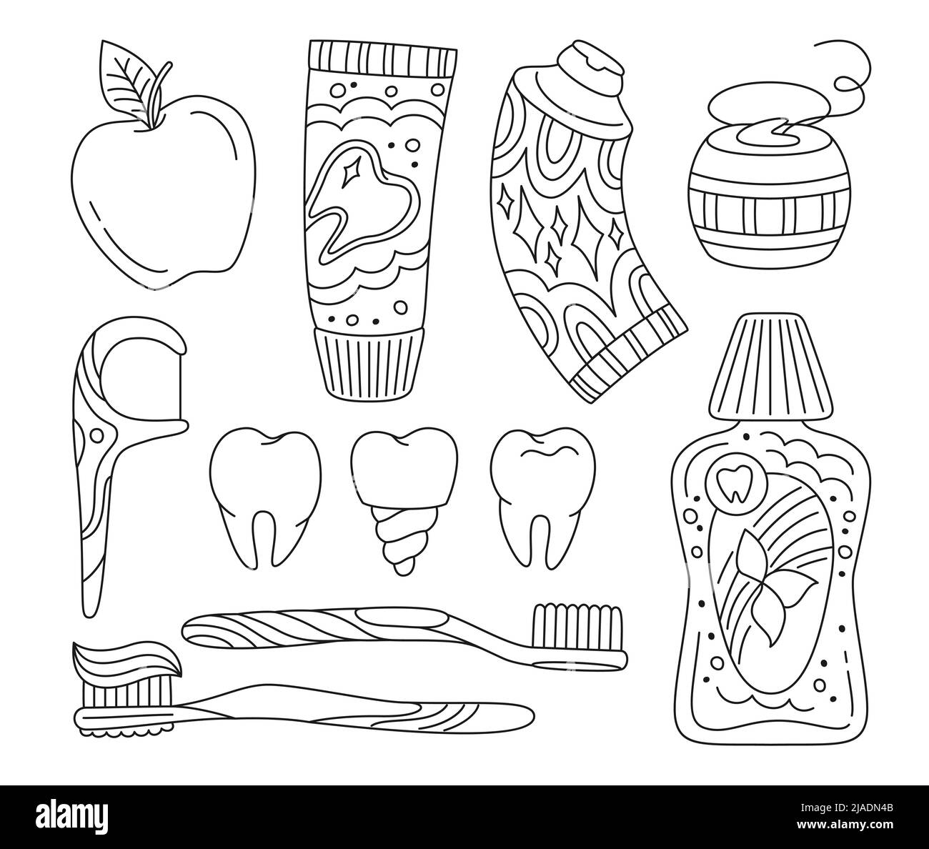 Dental tools line doodle set. Healthy tooth, dentistry implant, toothbrushes, toothpaste, dental floss, mouthwash. Mouth cleaning, healthcare oral hygiene symbol, clean teeth. Orthodontic concept Stock Vector