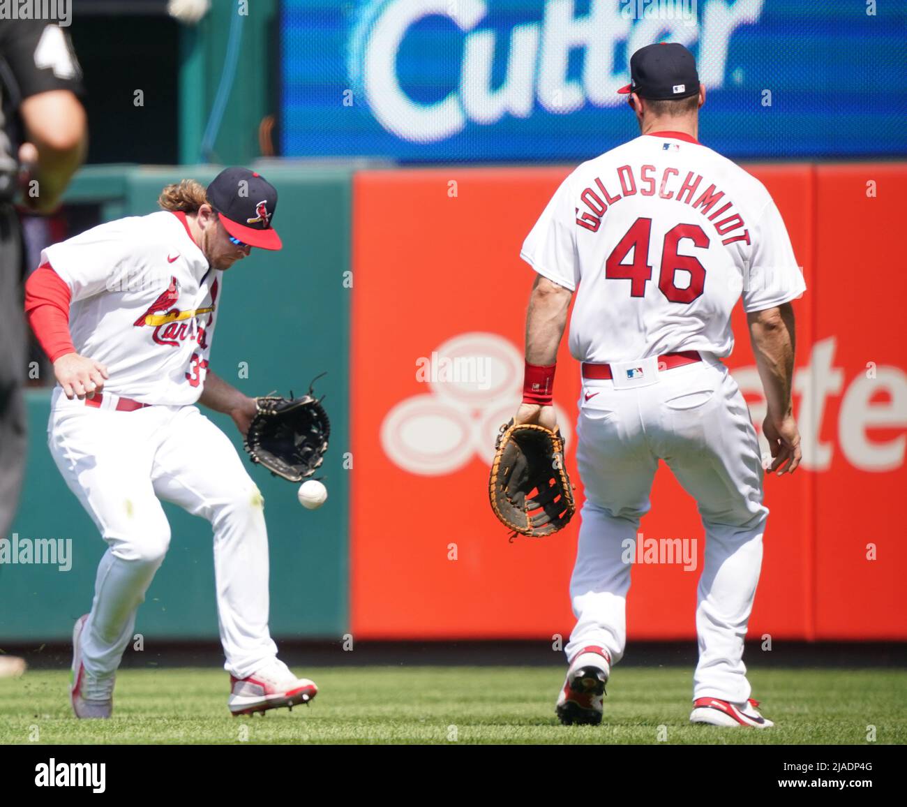 St. Louis, United States. 29th May, 2022. St. Louis Cardinals Brendan Donovan (L) and Paul Goldschmidt watch the baseball drop in for a single off the bat of Milwaukee Brewers Luis Urias in the seventh inning at Busch Stadium in St. Louis on Sunday, May 29, 2022. The hit was good for a single. Photo by Bill Greenblatt/UPI Credit: UPI/Alamy Live News Stock Photo