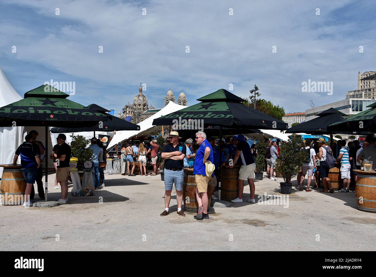 Marseille, France. 28th May, 2022. People are seen drinking inside the fan  zone of the Cup challenge and the champion Cup of rugby. On the occasion of  the Challenge Cup and the