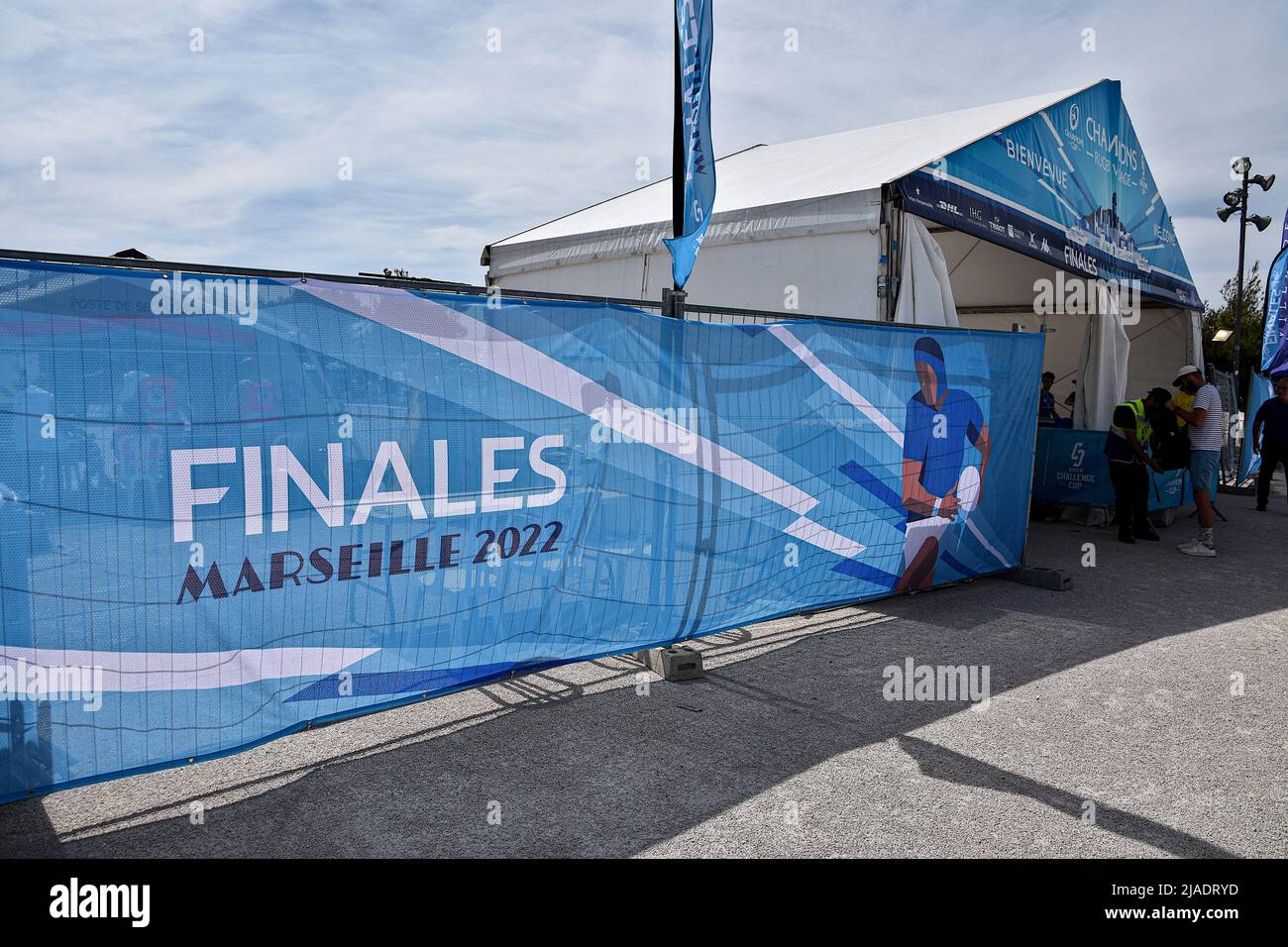 Marseille, France. 28th May, 2022. A banner hangs at the entrance to