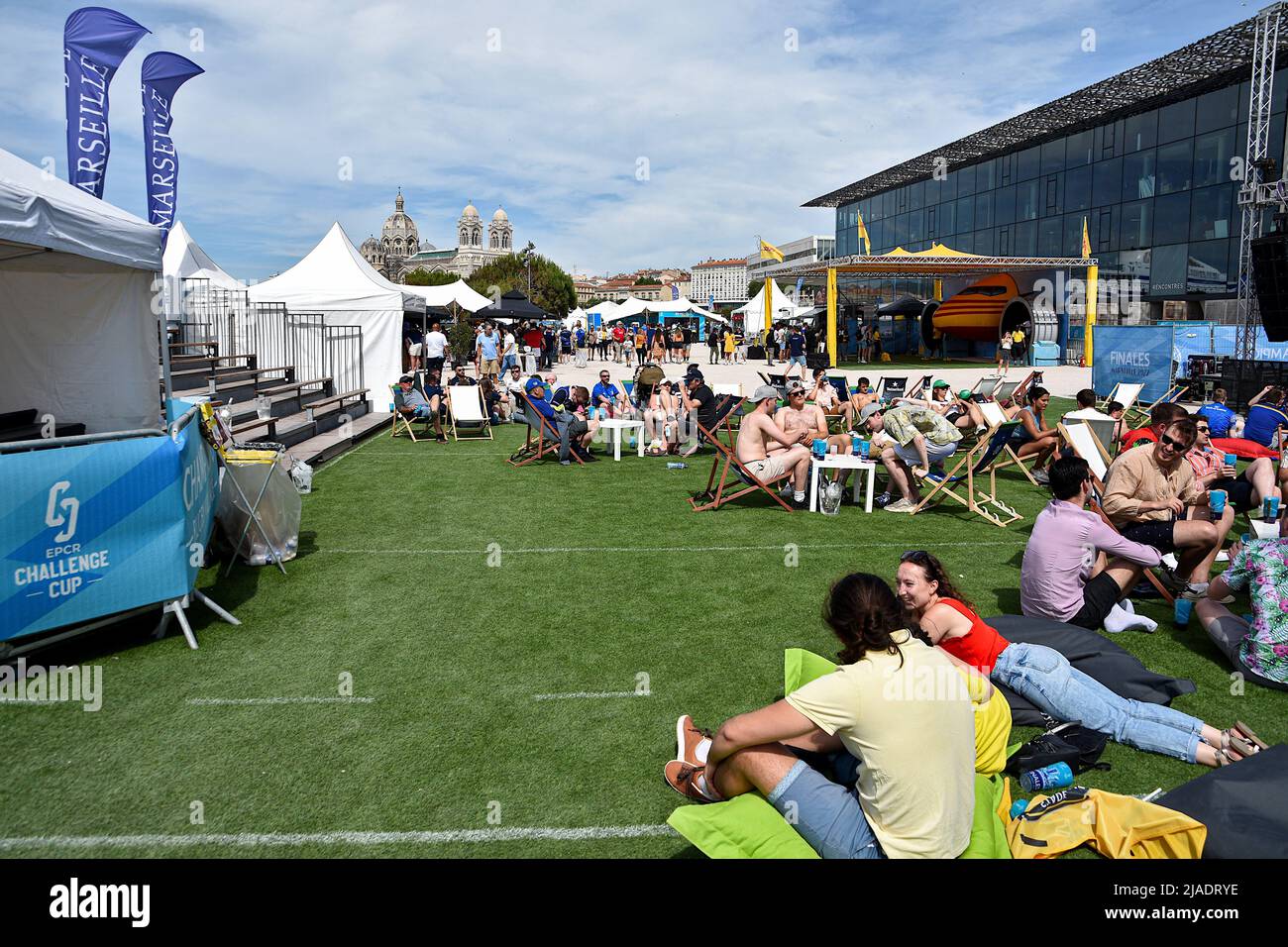 Marseille, France. 28th May, 2022. People are seen inside the Fan Zone