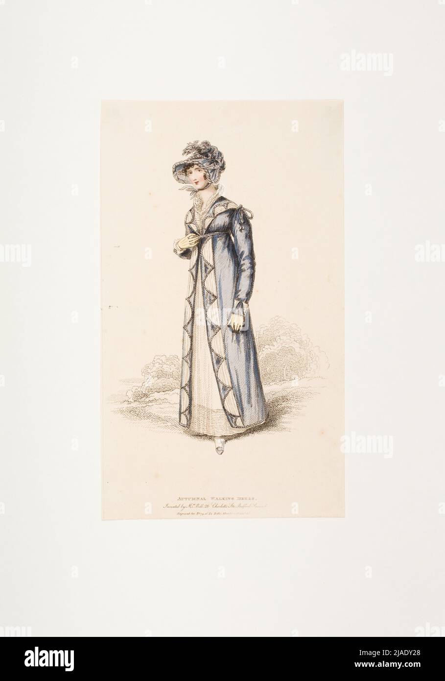 Fashion image: a figure, outline for d. Autumn, colored copper engraving. Unknown Stock Photo