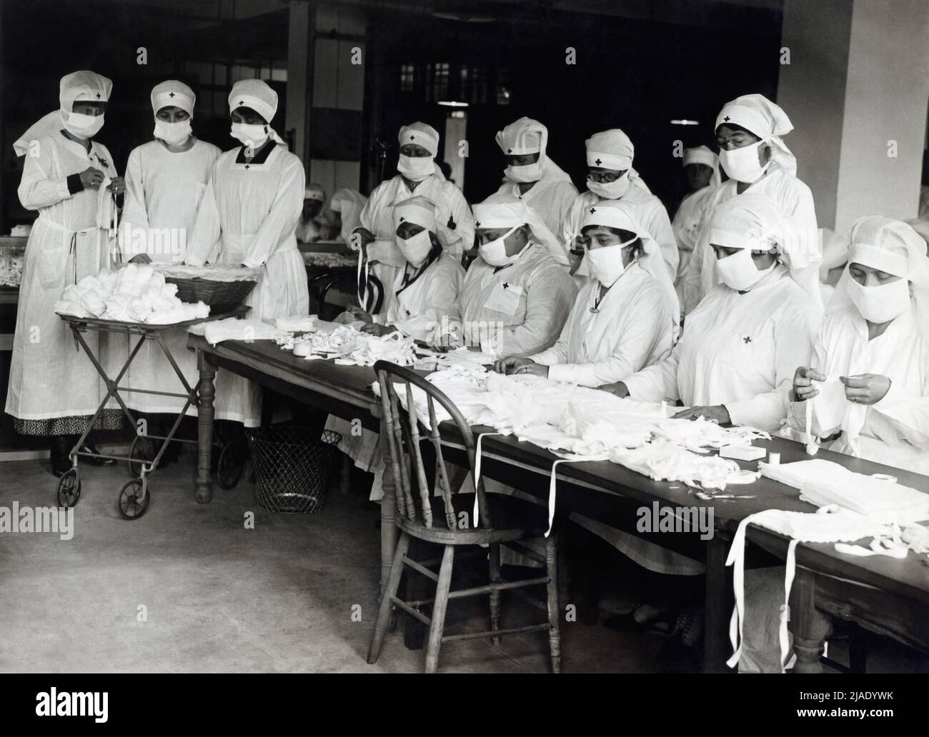 Red Cross Making Anti Influenza Masks in Boston, Mass Stock Photo