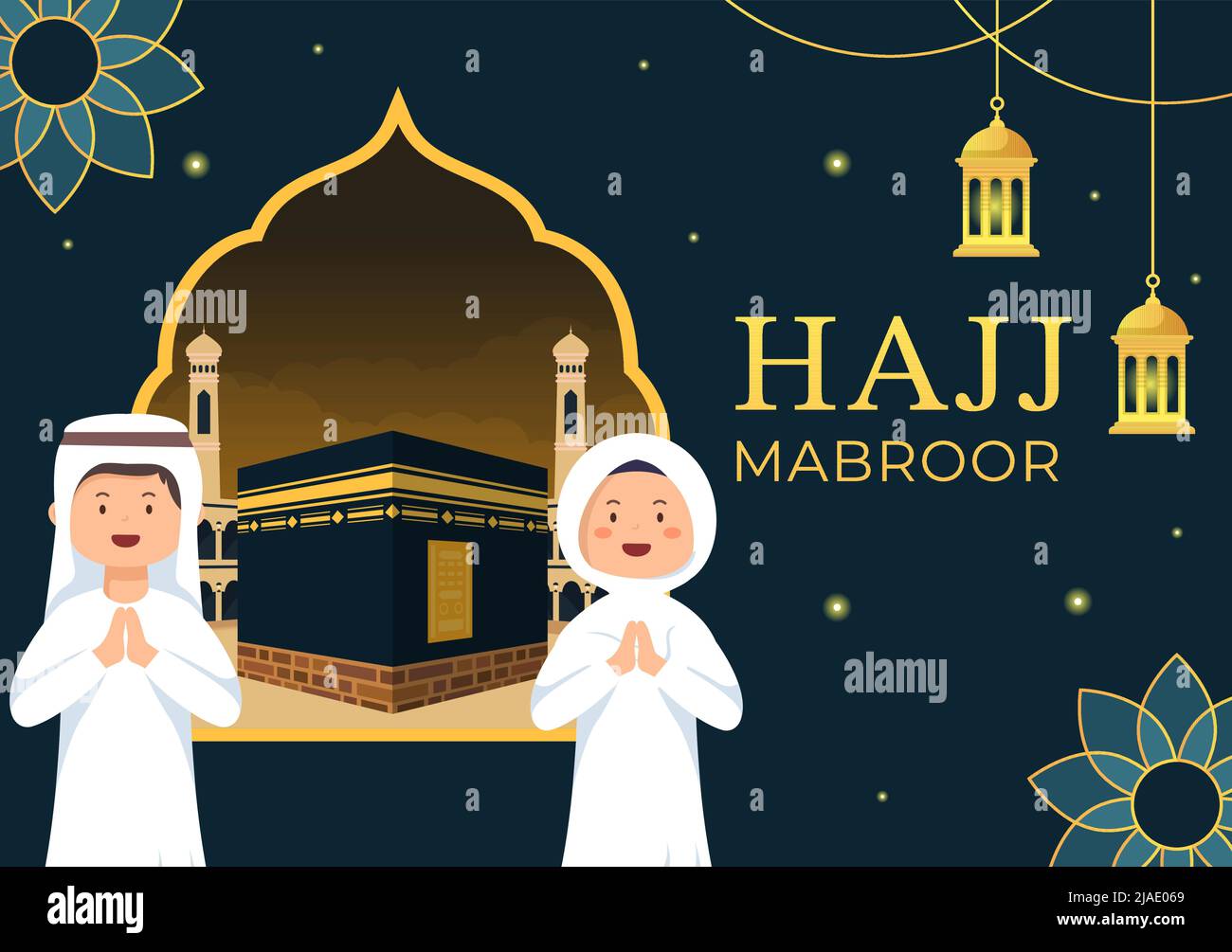 Hajj or Umrah Mabroor Cartoon Illustration with People Character and Makkah Kaaba Suitable for Poster or Landing Page Templates Stock Vector