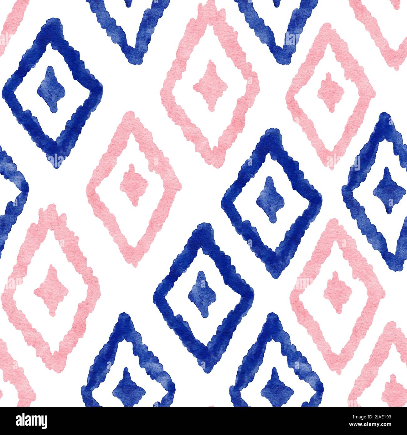 Hand drawn watercolor seamless pattern with navy blush boho elements. Bohemian blue pink fabric print, indigo rose geometric abstract shapes, ethnic design. For wedding invitation, gender reveal cards decor wallpaper Stock Photo