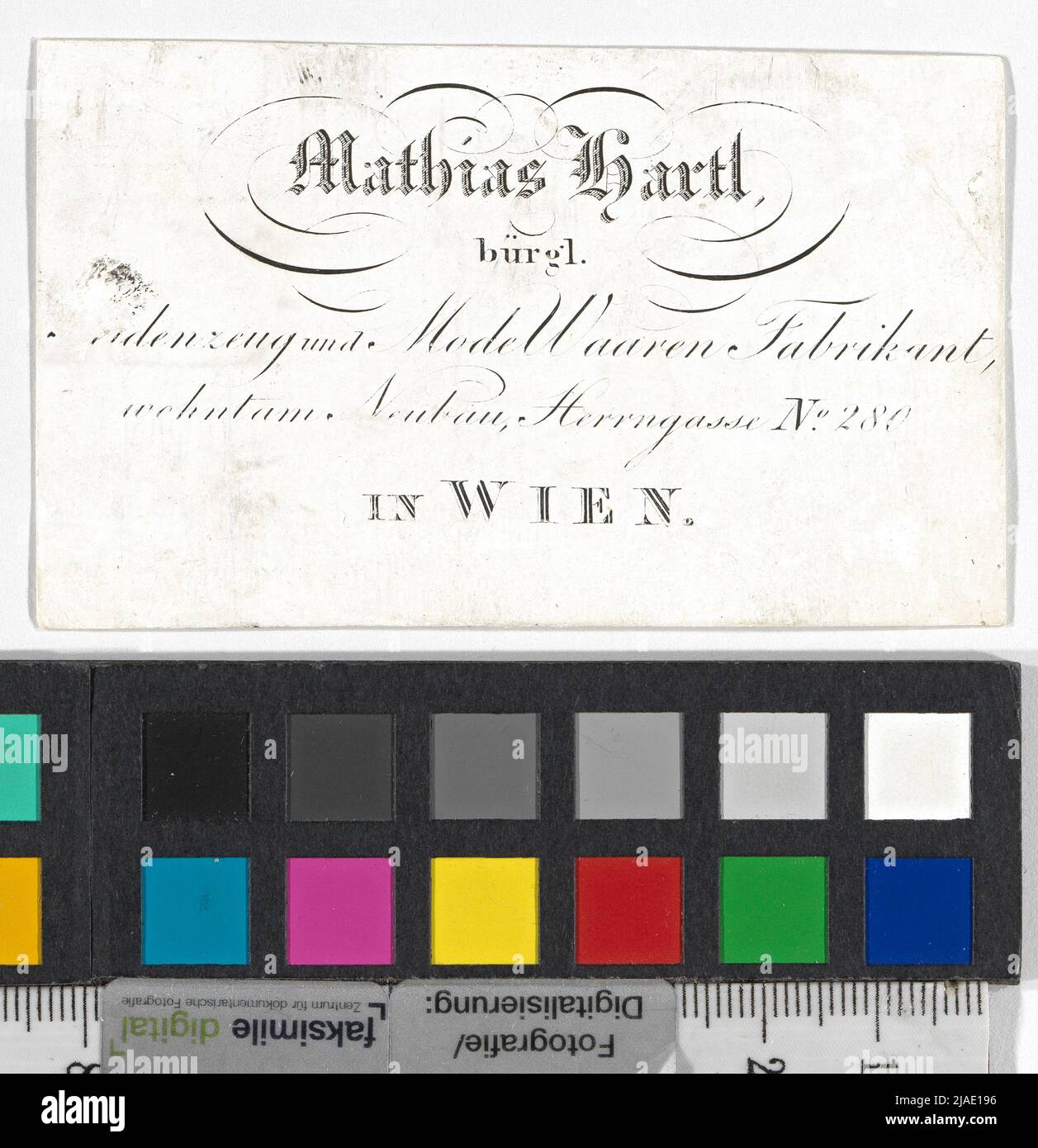 Business card by Mathias Hartl, Silk and fashion manufacturer, Herrngasse, Neubau 280, Vienna. Unknown Stock Photo