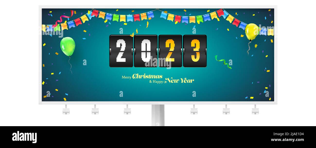 Billboard with mechanical timer countdown to 2023 New Year. Carnival