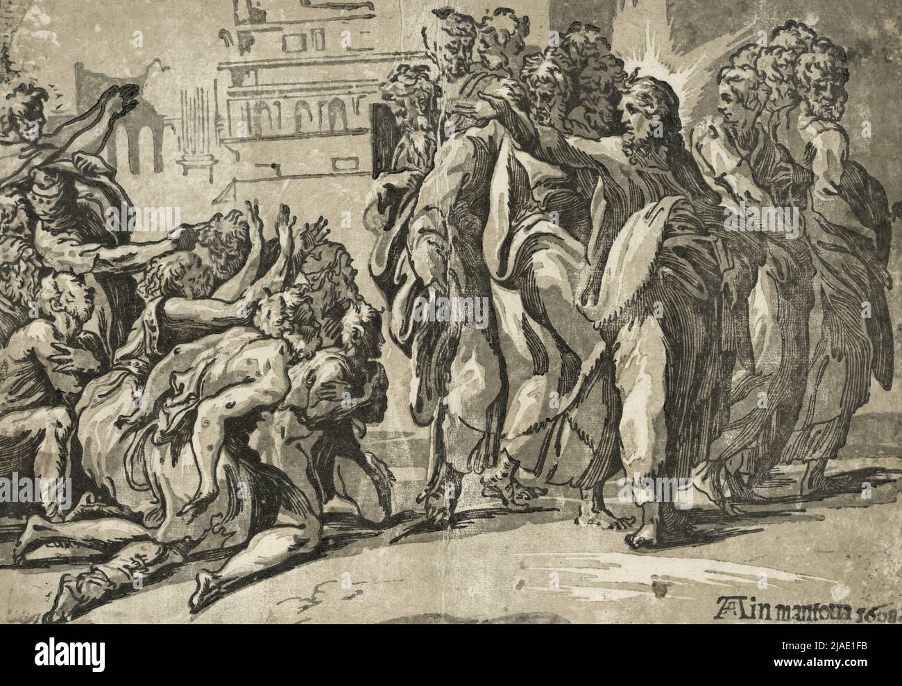 Christ curing the lepers, an engraving by Andrea Michieli Stock Photo