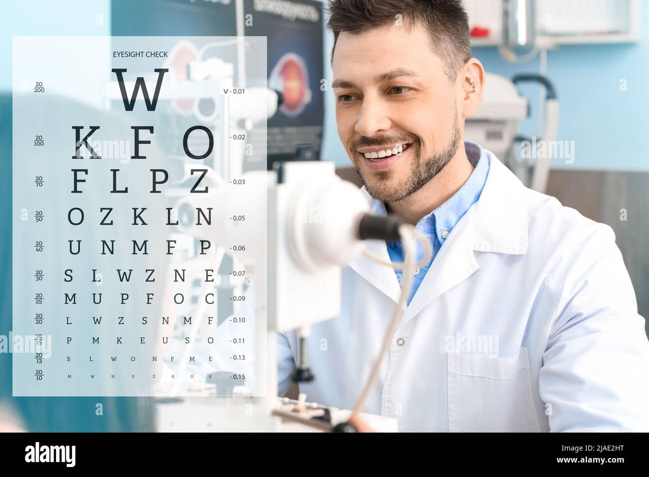 Collage with eye test chart and ophthalmologist examining patient in