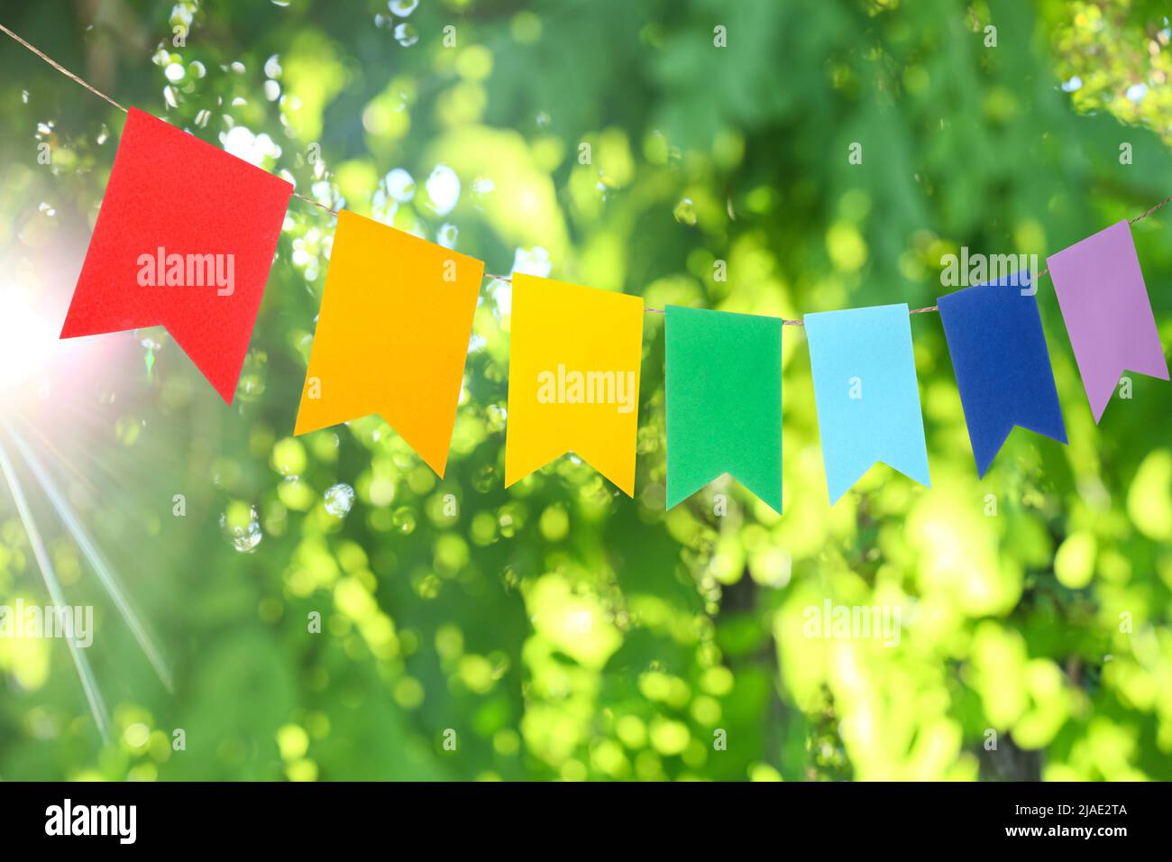 Colorful festive bunting flags in green park Stock Photo - Alamy
