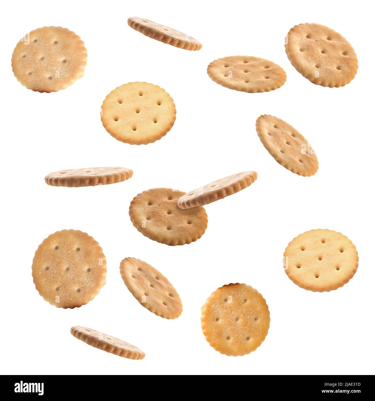 Many falling crackers isolated on white Stock Photo